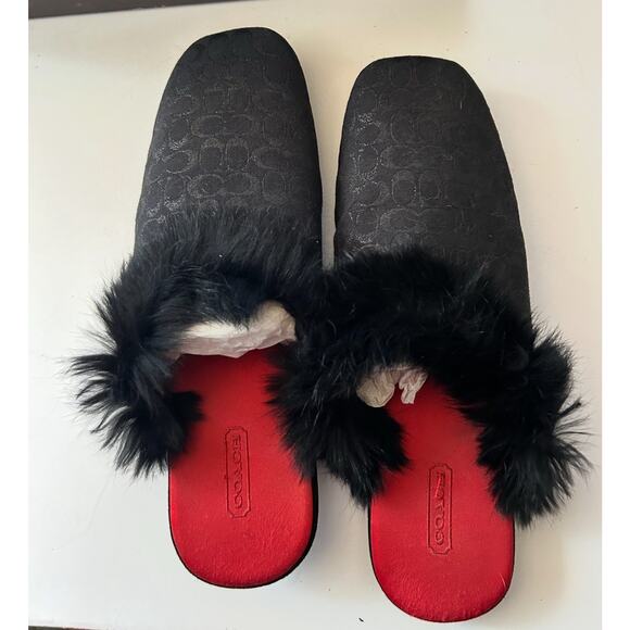 Auth Coach Signature Black Rabbit Fur Slippers Slides Sz 8 - Picture 3 of 10